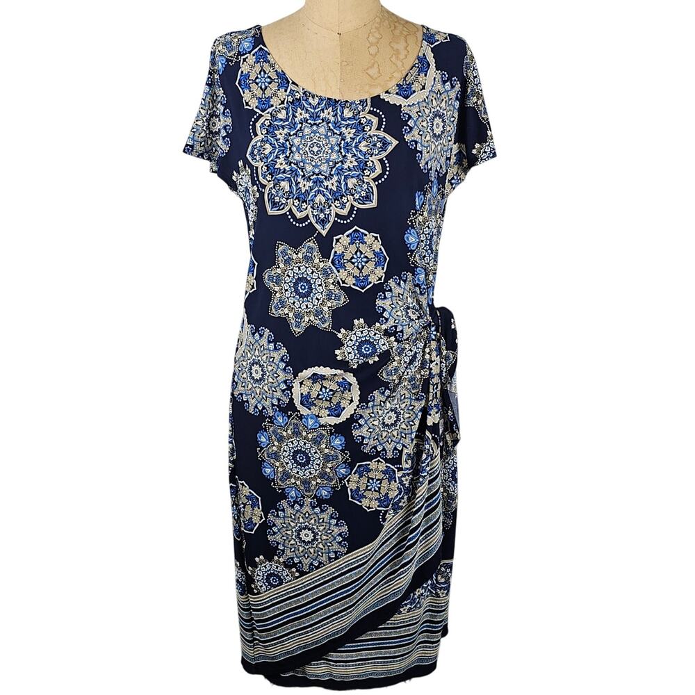 Dress blue white taupe mandala print side tie drape church trad modest Med